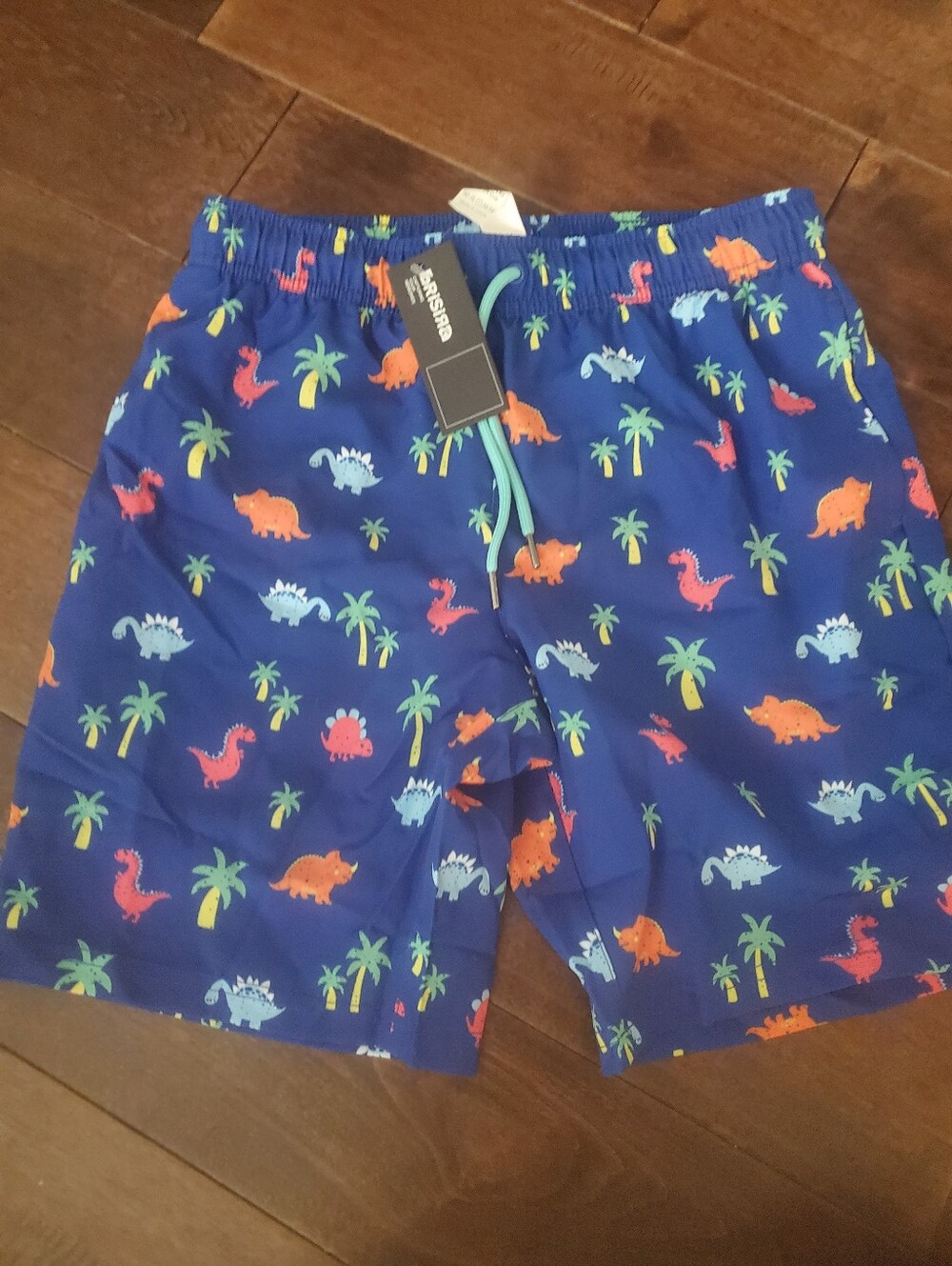 Blue  Dino Print Swim Trunks Size 10-12 with Palm Trees New With Tags